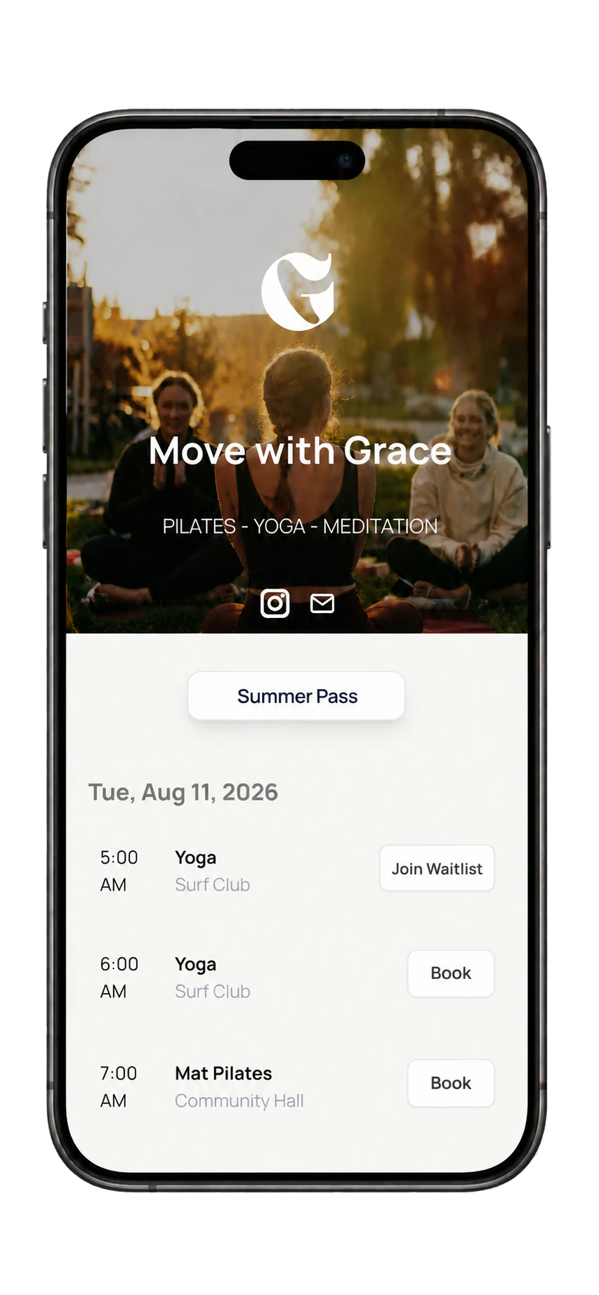 Move with Grace booking website showing passes and upcoming classes on a phone
